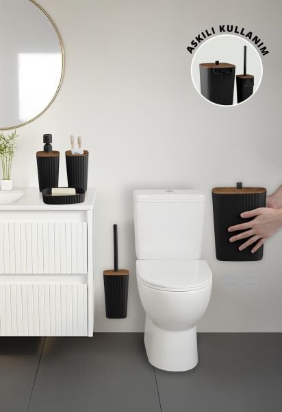Okyanus Home Yapışkanlı Ahşap Desenli Safir Siyah 5'li Banyo Seti