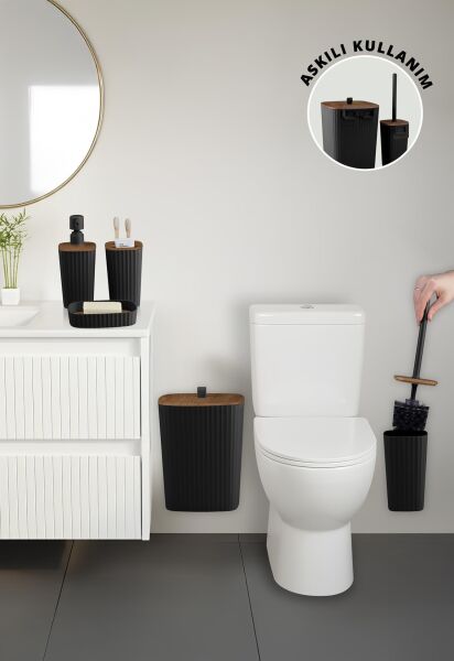 Okyanus Home Yapışkanlı Ahşap Desenli Safir Siyah 5'li Banyo Seti
