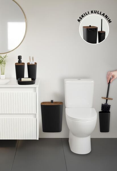 Okyanus Home Yapışkanlı Ahşap Desenli Safir Siyah 5'li Banyo Seti