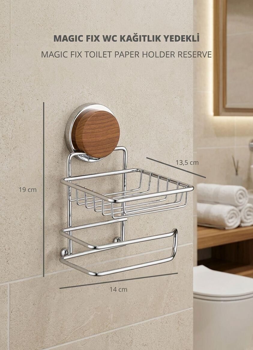 Okyanus Home Ahşap Desenli Magic Fix Sihirli Yapışkan Krom Yedekli WC Kağıtlık
