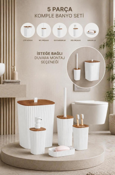Okyanus Home Yapışkanlı Ahşap Desenli Safir Beyaz 5'li Banyo Seti