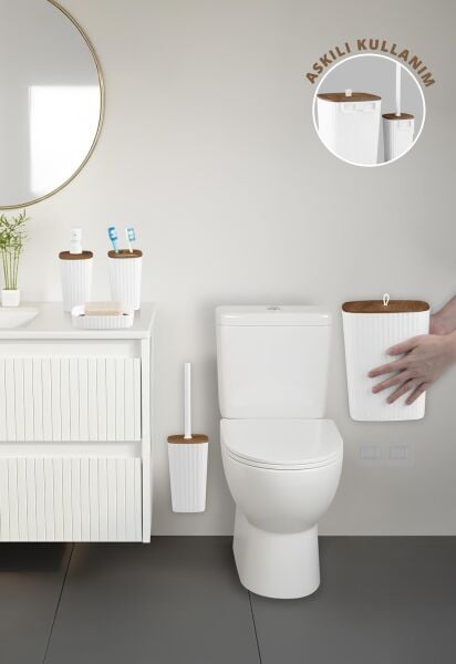 Okyanus Home Yapışkanlı Ahşap Desenli Safir Beyaz 5'li Banyo Seti