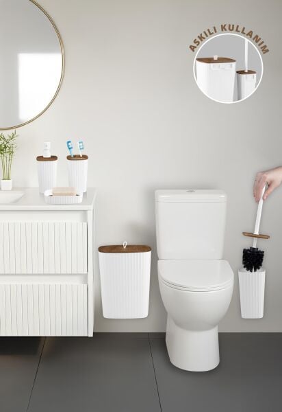 Okyanus Home Yapışkanlı Ahşap Desenli Safir Beyaz 5'li Banyo Seti