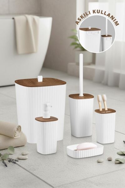 Okyanus Home Yapışkanlı Ahşap Desenli Safir Beyaz 5'li Banyo Seti