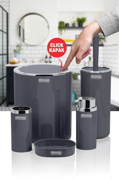Okyanus Home Antrasit Yuvarlak Krom 5'li Banyo Seti