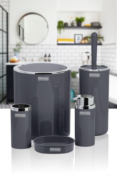 Okyanus Home Antrasit Yuvarlak Krom 5'li Banyo Seti