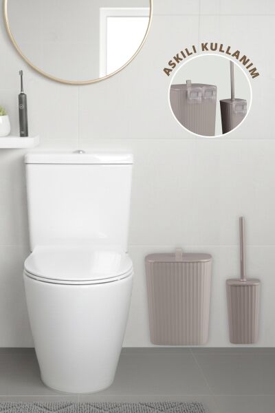 Okyanus Home Safir Yapışkanlı Wc Fırçalık ve Çöp Kovası Seti Vizon 2'li Banyo Seti