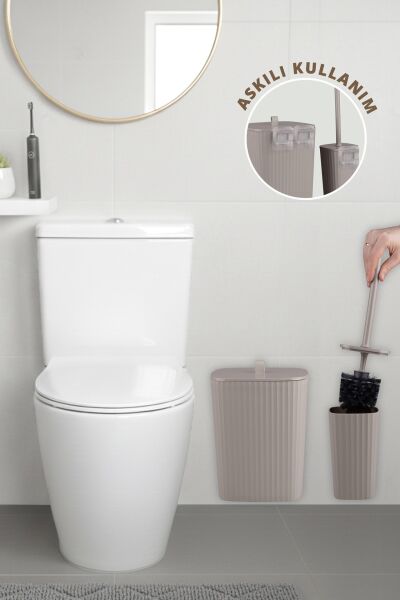 Okyanus Home Safir Yapışkanlı Wc Fırçalık ve Çöp Kovası Seti Vizon 2'li Banyo Seti