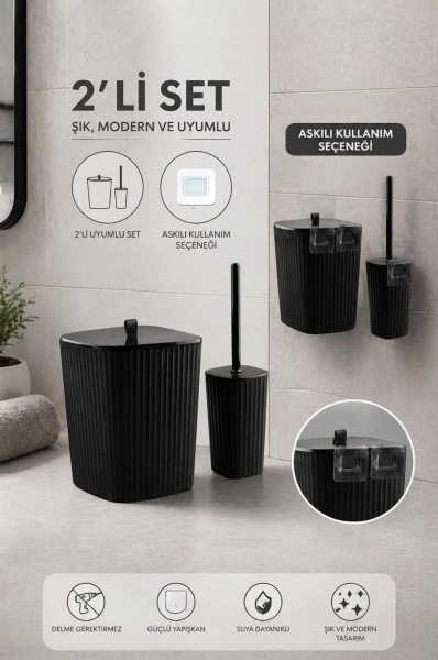 Okyanus Home Safir Yapışkanlı Wc Fırçalık ve Çöp Kovası Seti Siyah 2'li Banyo Seti