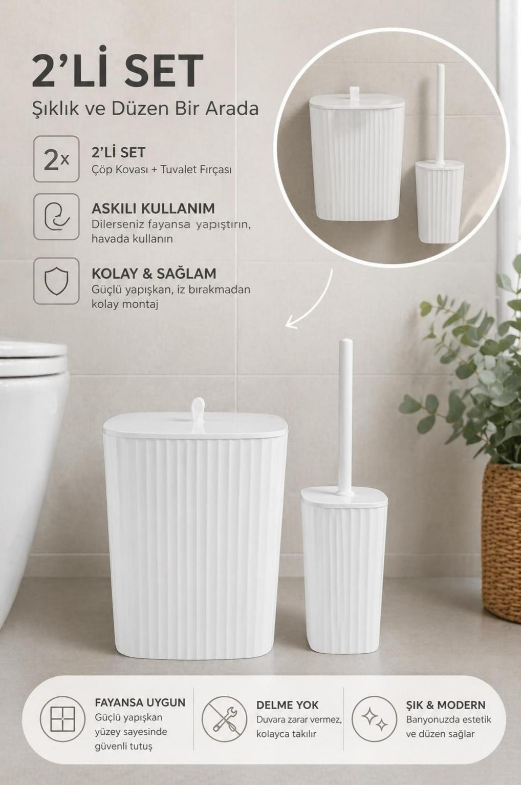 Okyanus Home Safir Yapışkanlı Wc Fırçalık ve Çöp Kovası Seti Beyaz 2'li Banyo Seti