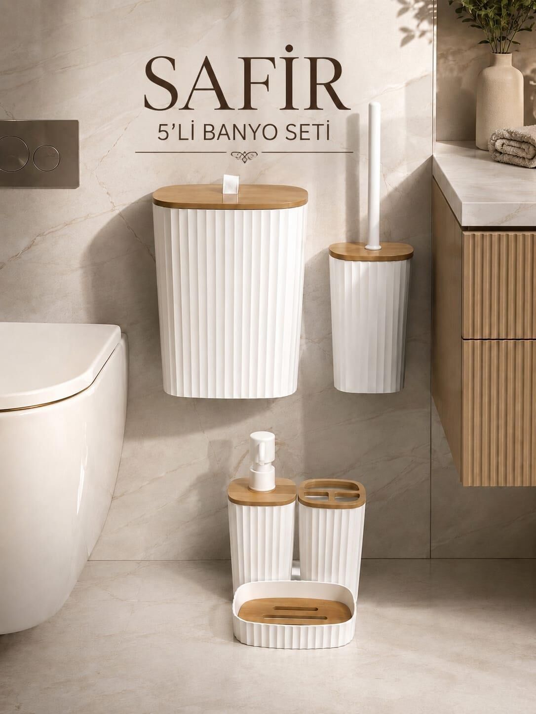 Okyanus Home Yapışkanlı Due Safir Beyaz 5'li Banyo Seti