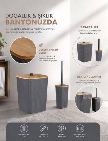 Okyanus Home Safir Yapışkanlı Gerçek Bambu Wc Fırçalık ve Çöp Kovası Seti Antrasit 2'li Banyo Seti