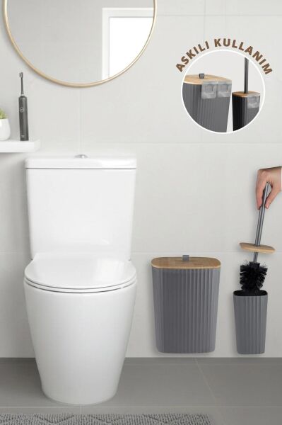 Okyanus Home Safir Yapışkanlı Gerçek Bambu Wc Fırçalık ve Çöp Kovası Seti Antrasit 2'li Banyo Seti