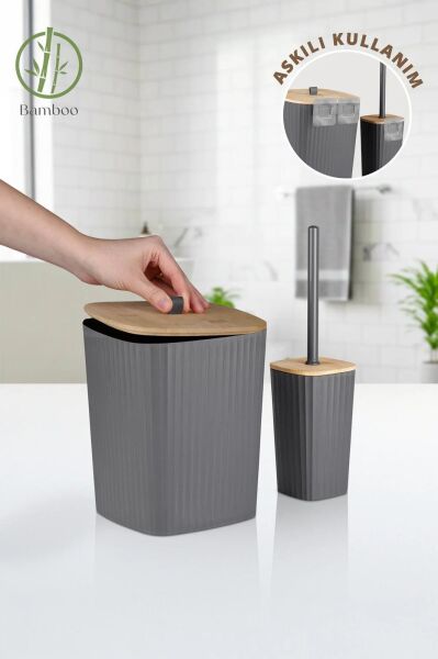 Okyanus Home Safir Yapışkanlı Gerçek Bambu Wc Fırçalık ve Çöp Kovası Seti Antrasit 2'li Banyo Seti