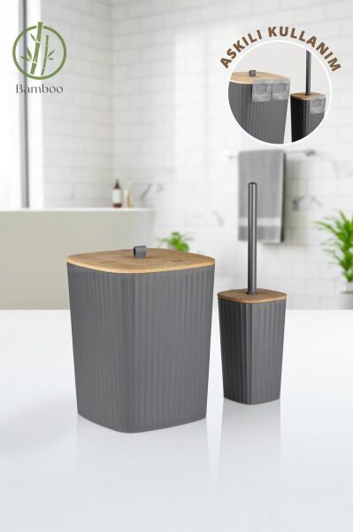 Okyanus Home Safir Yapışkanlı Gerçek Bambu Wc Fırçalık ve Çöp Kovası Seti Antrasit 2'li Banyo Seti