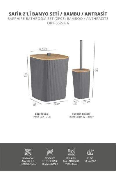 Okyanus Home Safir Yapışkanlı Gerçek Bambu Wc Fırçalık ve Çöp Kovası Seti Antrasit 2'li Banyo Seti