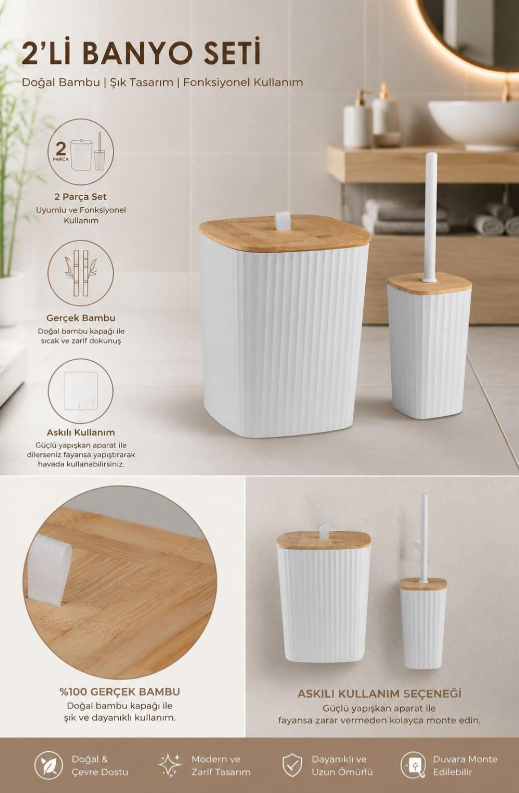 Okyanus Home Safir Yapışkanlı Gerçek Bambu Wc Fırçalık ve Çöp Kovası Seti Beyaz 2'li Banyo Seti