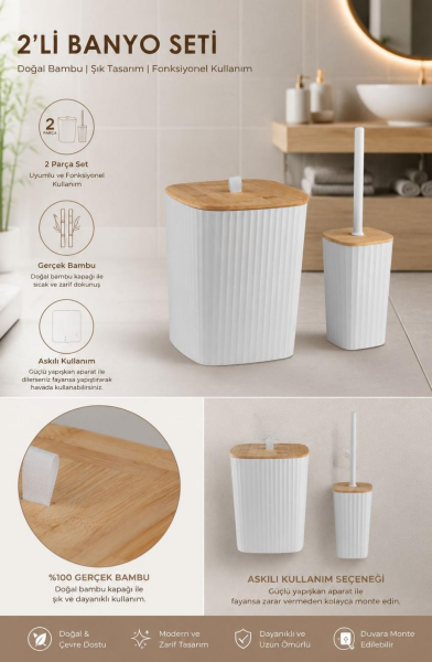 Okyanus Home Safir Yapışkanlı Gerçek Bambu Wc Fırçalık ve Çöp Kovası Seti Beyaz 2'li Banyo Seti