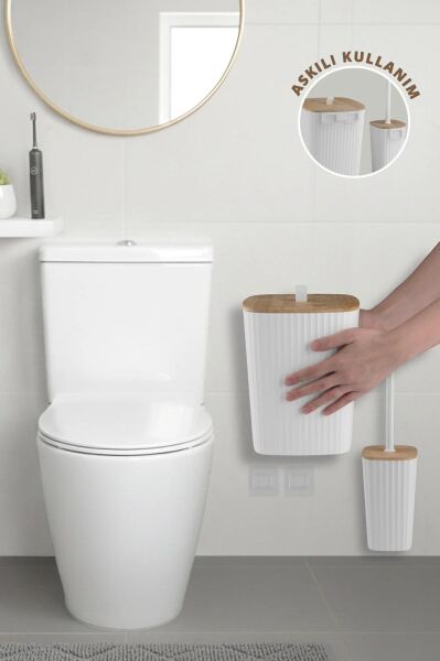 Okyanus Home Safir Yapışkanlı Gerçek Bambu Wc Fırçalık ve Çöp Kovası Seti Beyaz 2'li Banyo Seti