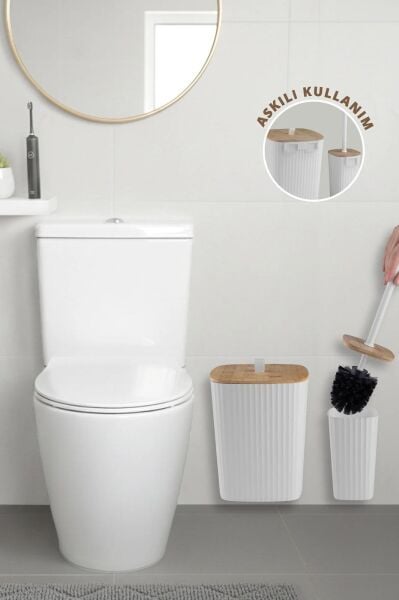 Okyanus Home Safir Yapışkanlı Gerçek Bambu Wc Fırçalık ve Çöp Kovası Seti Beyaz 2'li Banyo Seti