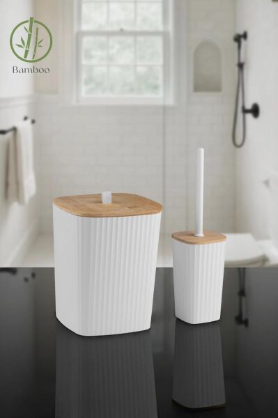 Okyanus Home Safir Yapışkanlı Gerçek Bambu Wc Fırçalık ve Çöp Kovası Seti Beyaz 2'li Banyo Seti