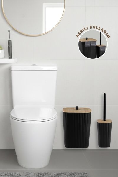 Okyanus Home Safir Yapışkanlı Gerçek Bambu Wc Fırçalık ve Çöp Kovası Seti Siyah 2'li Banyo Seti