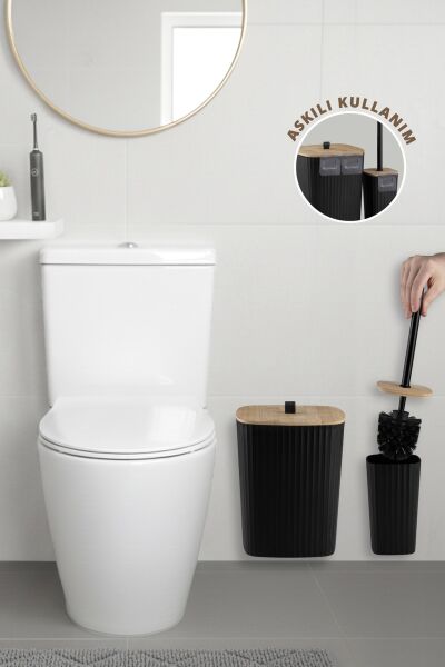 Okyanus Home Safir Yapışkanlı Gerçek Bambu Wc Fırçalık ve Çöp Kovası Seti Siyah 2'li Banyo Seti