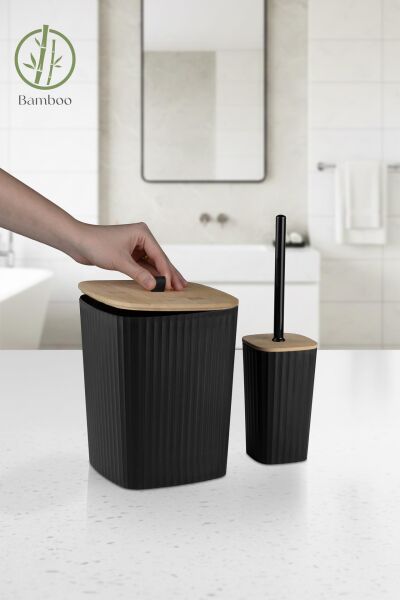 Okyanus Home Safir Yapışkanlı Gerçek Bambu Wc Fırçalık ve Çöp Kovası Seti Siyah 2'li Banyo Seti