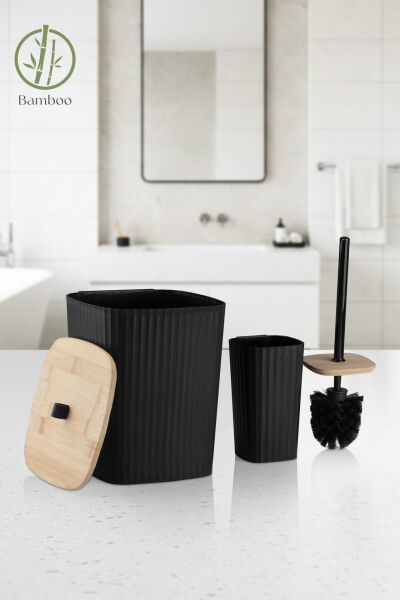 Okyanus Home Safir Yapışkanlı Gerçek Bambu Wc Fırçalık ve Çöp Kovası Seti Siyah 2'li Banyo Seti
