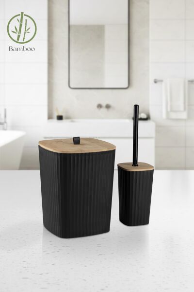 Okyanus Home Safir Yapışkanlı Gerçek Bambu Wc Fırçalık ve Çöp Kovası Seti Siyah 2'li Banyo Seti
