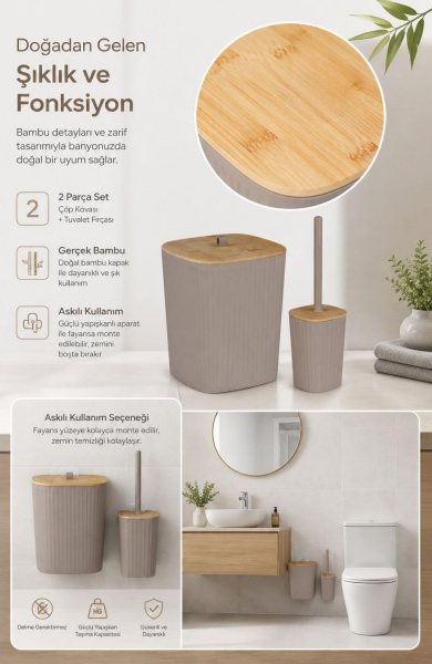 Okyanus Home Safir Yapışkanlı Gerçek Bambu Wc Fırçalık ve Çöp Kovası Seti Vizon 2'li Banyo Seti