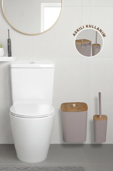 Okyanus Home Safir Yapışkanlı Gerçek Bambu Wc Fırçalık ve Çöp Kovası Seti Vizon 2'li Banyo Seti