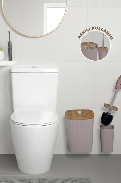 Okyanus Home Safir Yapışkanlı Gerçek Bambu Wc Fırçalık ve Çöp Kovası Seti Vizon 2'li Banyo Seti