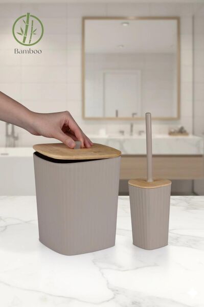 Okyanus Home Safir Yapışkanlı Gerçek Bambu Wc Fırçalık ve Çöp Kovası Seti Vizon 2'li Banyo Seti