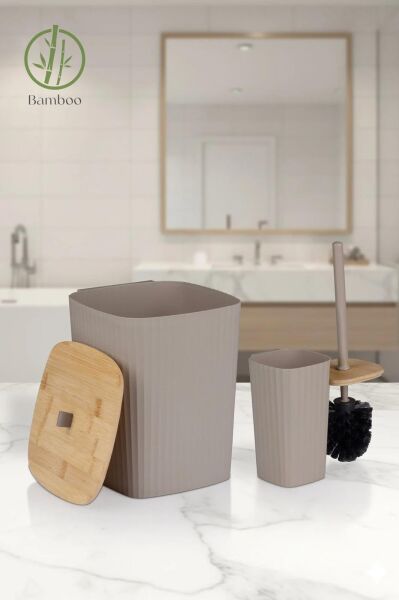 Okyanus Home Safir Yapışkanlı Gerçek Bambu Wc Fırçalık ve Çöp Kovası Seti Vizon 2'li Banyo Seti