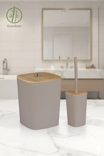 Okyanus Home Safir Yapışkanlı Gerçek Bambu Wc Fırçalık ve Çöp Kovası Seti Vizon 2'li Banyo Seti