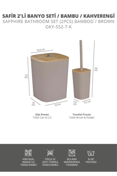 Okyanus Home Safir Yapışkanlı Gerçek Bambu Wc Fırçalık ve Çöp Kovası Seti Vizon 2'li Banyo Seti