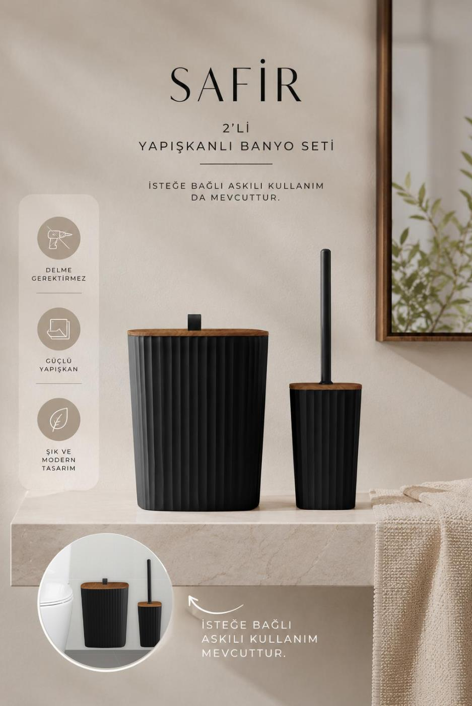 Okyanus Home Safir Yapışkanlı Ahşap Detaylı Wc Fırçalık ve Çöp Kovası Seti Siyah 2'li Banyo Seti