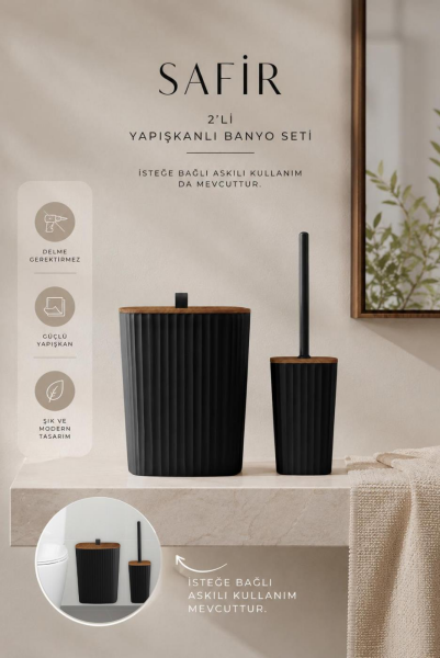 Okyanus Home Safir Yapışkanlı Ahşap Detaylı Wc Fırçalık ve Çöp Kovası Seti Siyah 2'li Banyo Seti