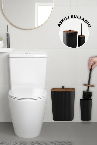 Okyanus Home Safir Yapışkanlı Ahşap Detaylı Wc Fırçalık ve Çöp Kovası Seti Siyah 2'li Banyo Seti
