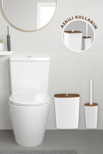 Okyanus Home Safir Yapışkanlı Ahşap Detaylı Wc Fırçalık ve Çöp Kovası Seti Beyaz 2'li Banyo Seti