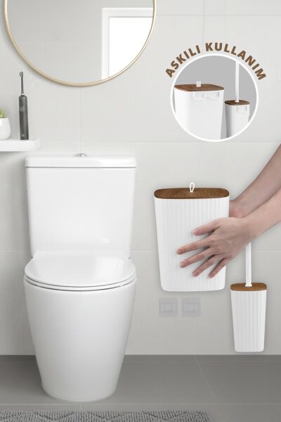 Okyanus Home Safir Yapışkanlı Ahşap Detaylı Wc Fırçalık ve Çöp Kovası Seti Beyaz 2'li Banyo Seti