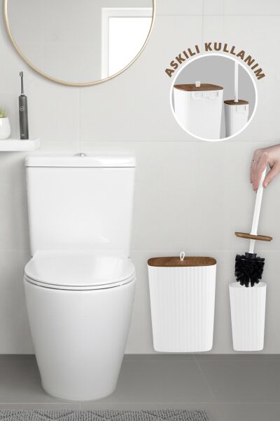 Okyanus Home Safir Yapışkanlı Ahşap Detaylı Wc Fırçalık ve Çöp Kovası Seti Beyaz 2'li Banyo Seti