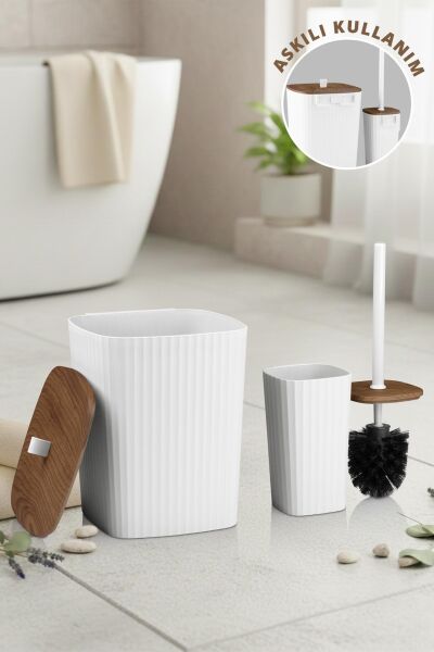 Okyanus Home Safir Yapışkanlı Ahşap Detaylı Wc Fırçalık ve Çöp Kovası Seti Beyaz 2'li Banyo Seti