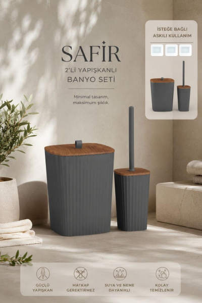 Okyanus Home Safir Yapışkanlı Ahşap Detaylı Wc Fırçalık ve Çöp Kovası Seti Antrasit 2'li Banyo Seti