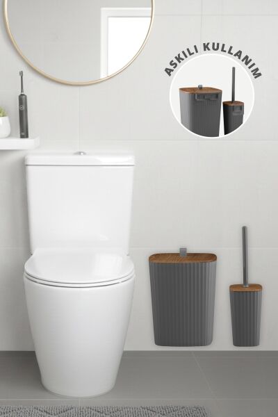 Okyanus Home Safir Yapışkanlı Ahşap Detaylı Wc Fırçalık ve Çöp Kovası Seti Antrasit 2'li Banyo Seti