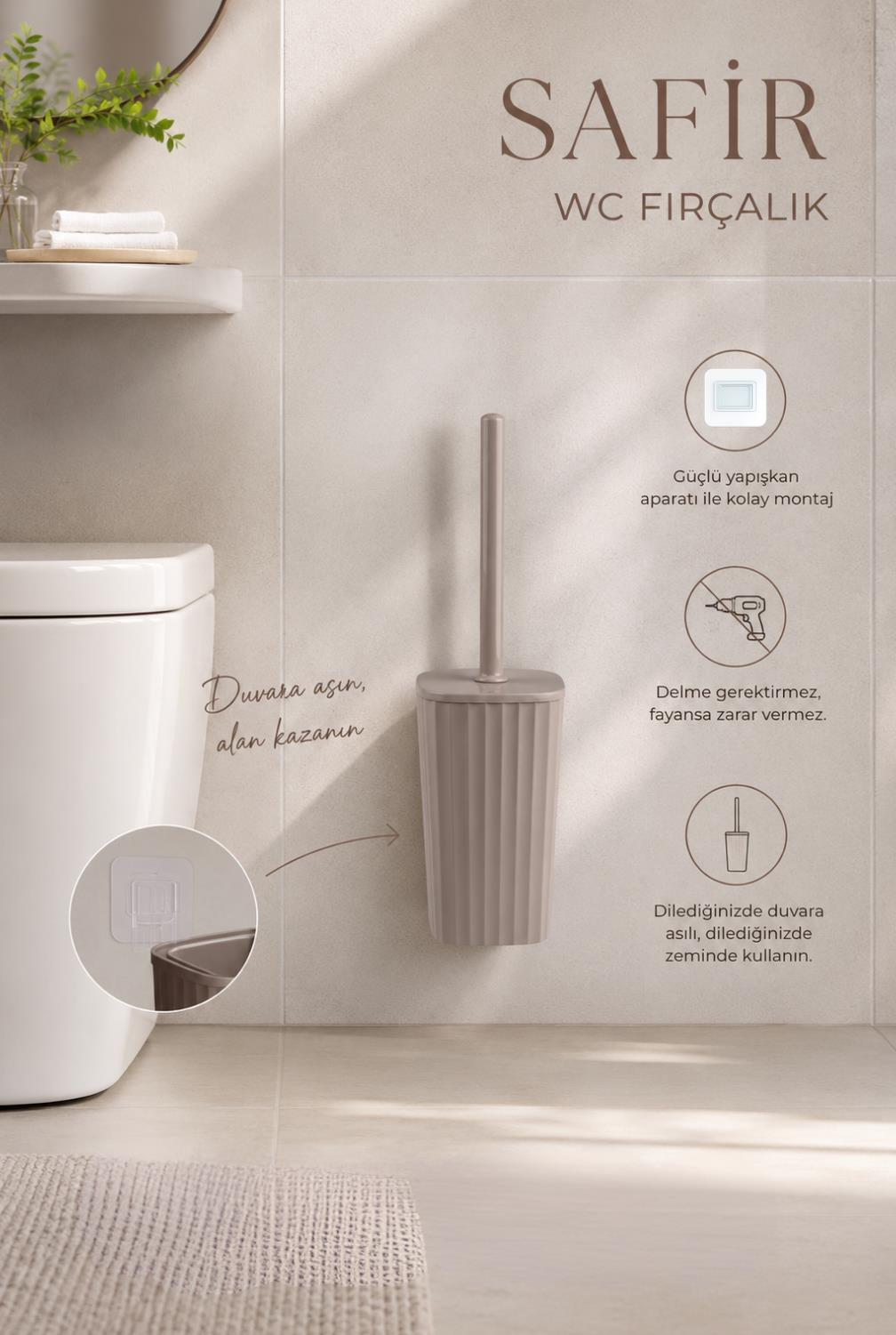 Okyanus Home Safir  Kendinden yapışkanlı Wc Fırçalık Vizon