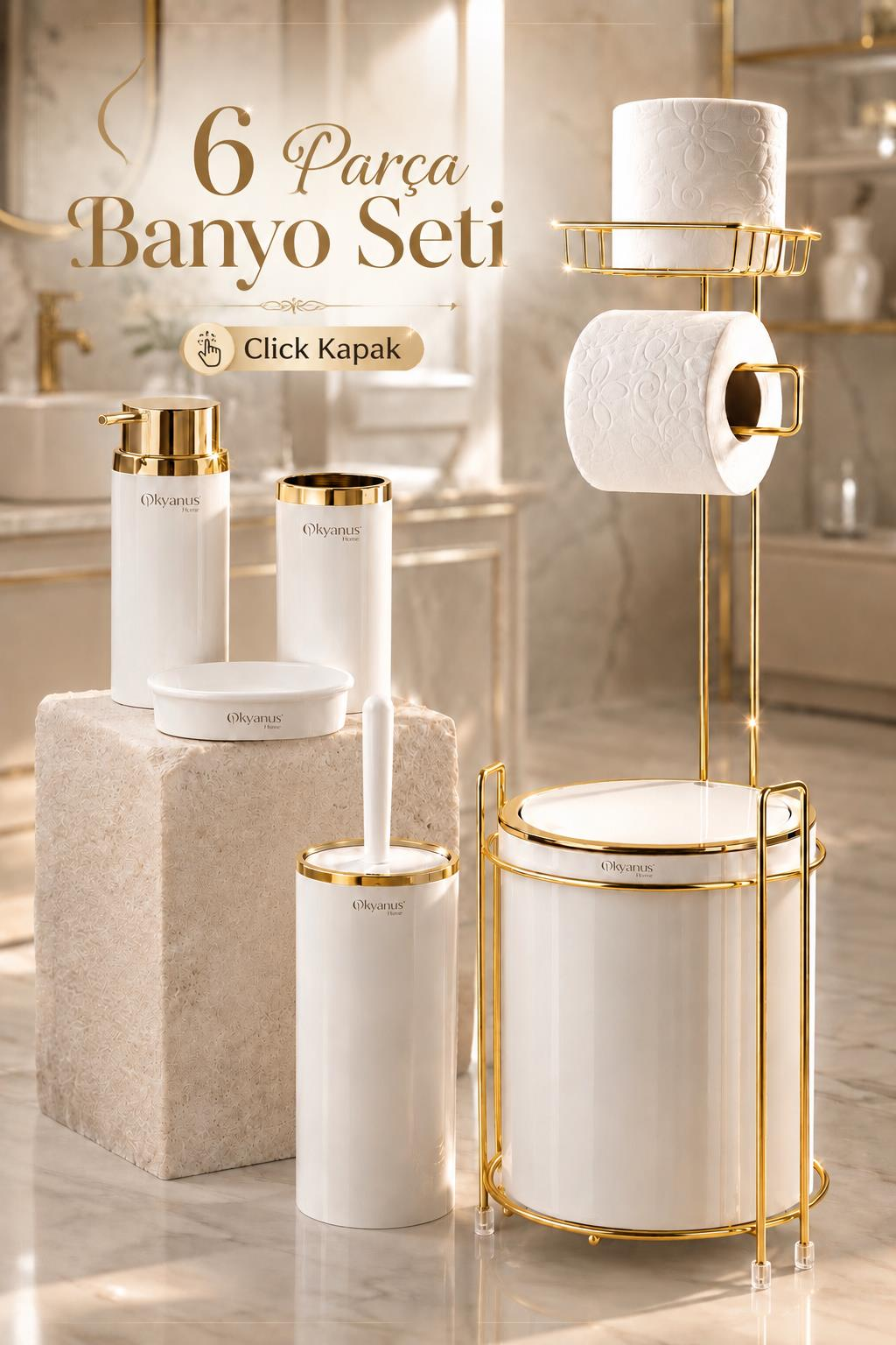 Okyanus Home Yuvarlak Gold Yedekli Wc Kağıtlık ve 6 Parça Banyo Seti - Kırık Beyaz