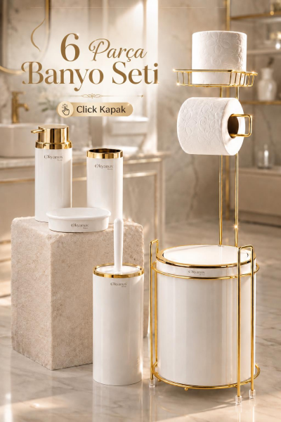 Okyanus Home Yuvarlak Gold Yedekli Wc Kağıtlık ve 6 Parça Banyo Seti - Kırık Beyaz