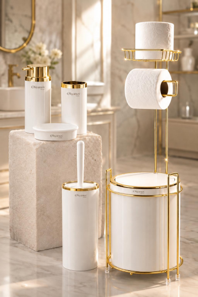 Okyanus Home Yuvarlak Gold Yedekli Wc Kağıtlık ve 6 Parça Banyo Seti - Kırık Beyaz